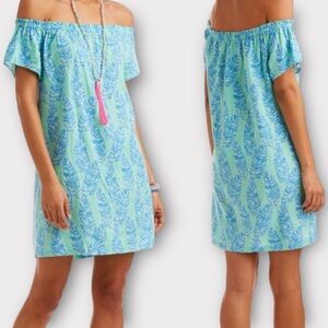 Vineyard Vines Off Shoulder Linen Blend Mini Dress Women's XS Blue Green Beach